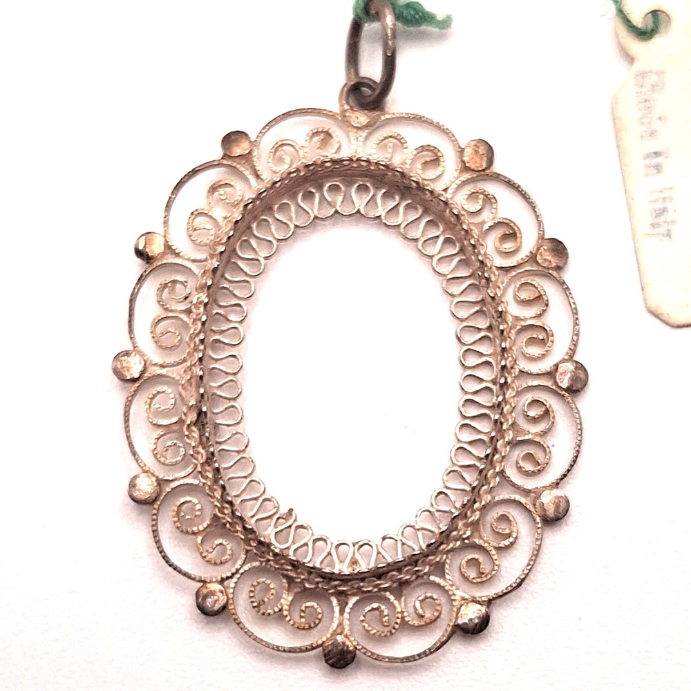 Italian 800 Silver Filigree Pendant Open Frame Mid-century Intricate Vintage